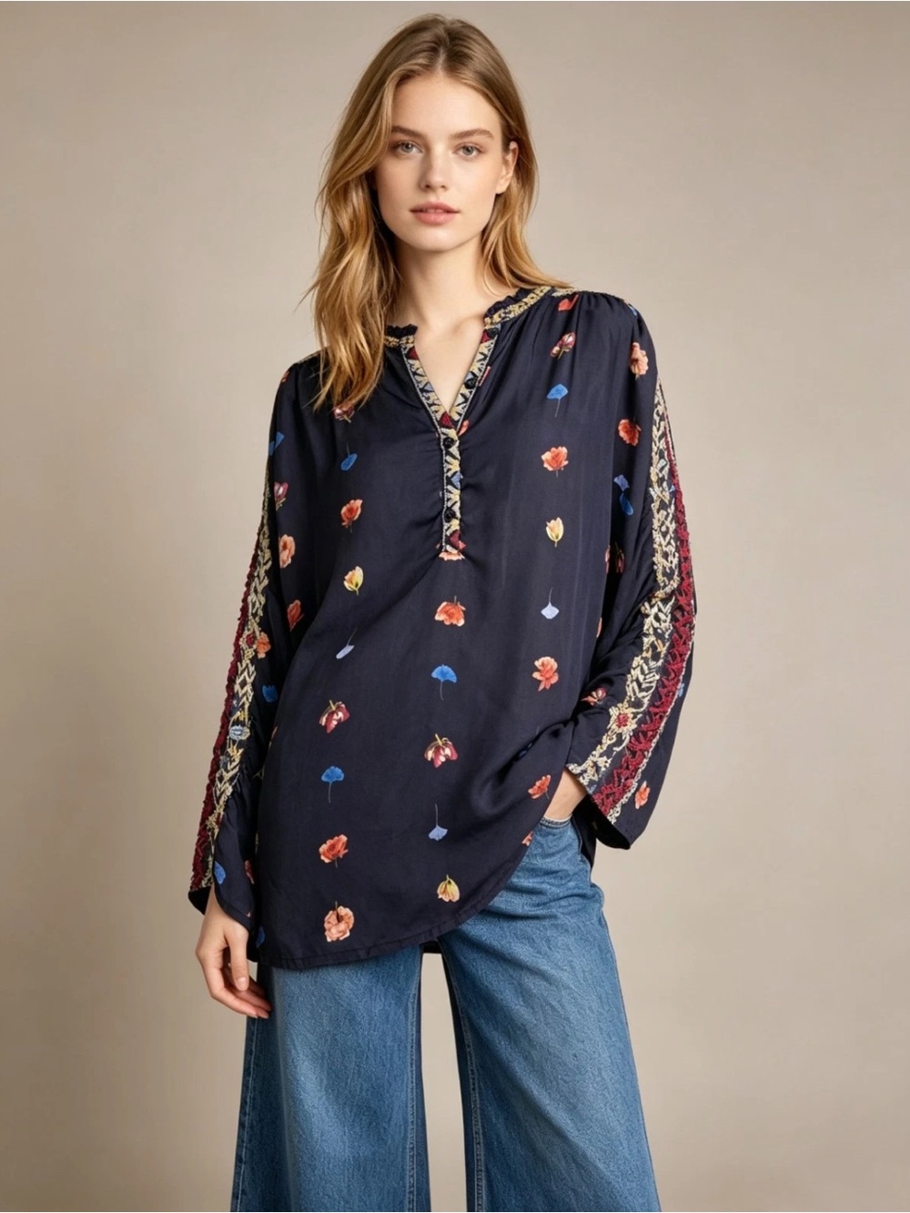 Johnny Was Biya Lasma Cupra Blouse Black Floral Embroidered Beaded Tunic Top XL